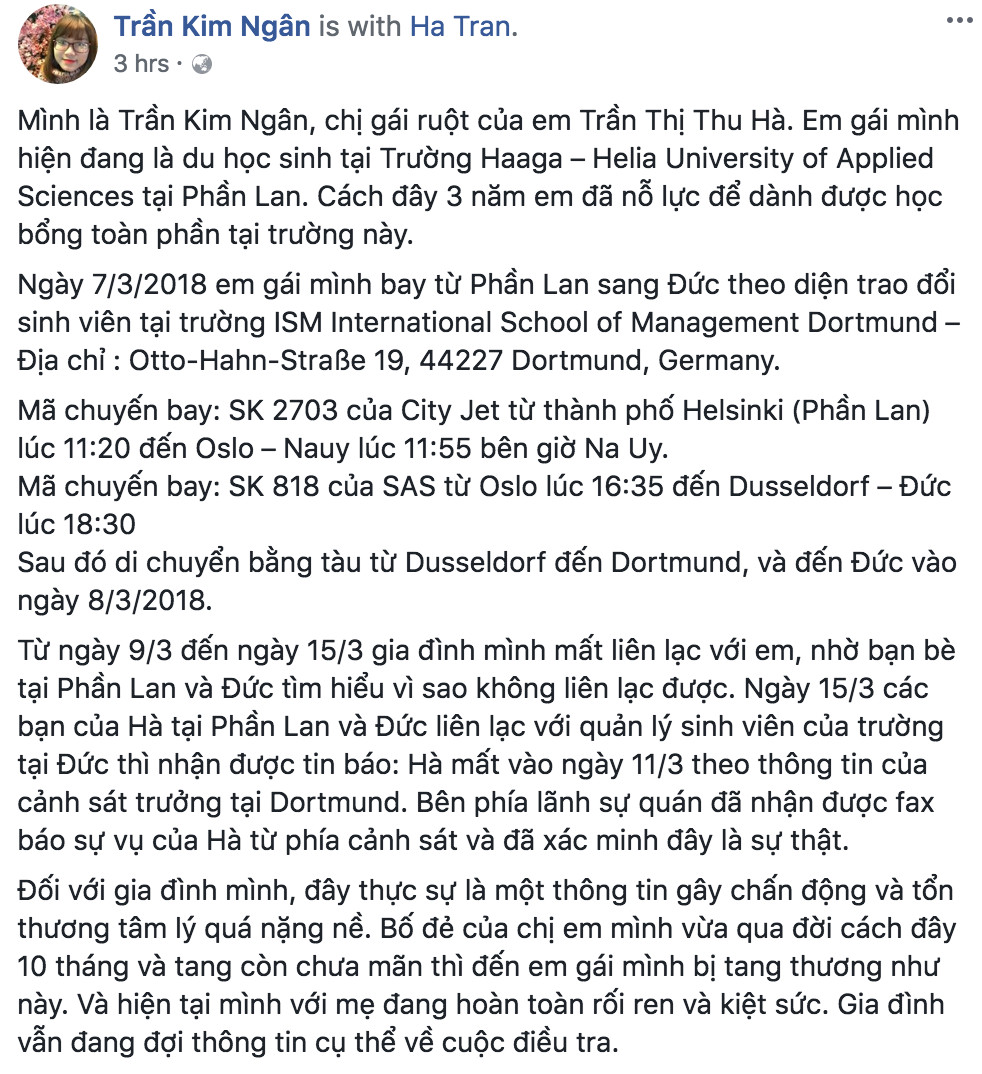 Gia đình nữ sinh nghi bị sát hại tại Đức tuyệt vọng vì không đủ tiền đưa thi thể con về nhà Gia đình nữ sinh nghi bị sát hại tại Đức tuyệt vọng vì không đủ tiền đưa thi thể con về nhà