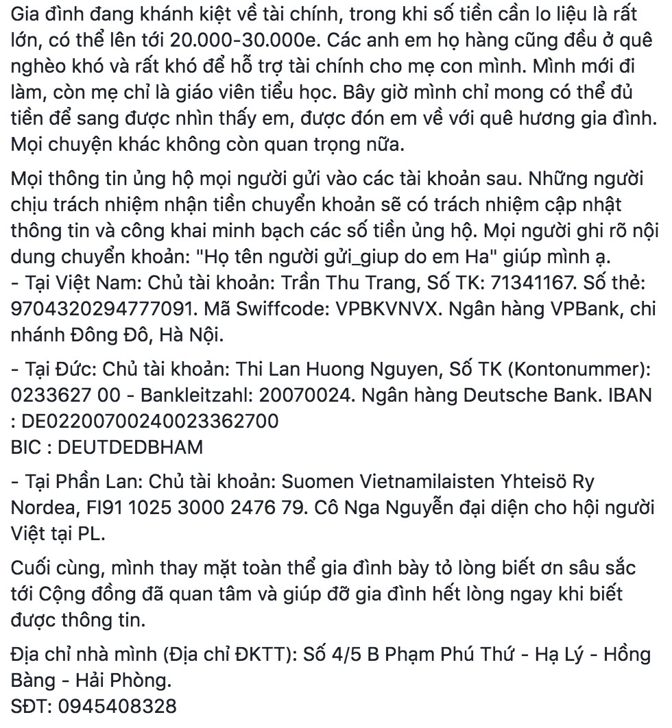 Gia đình nữ sinh nghi bị sát hại tại Đức tuyệt vọng vì không đủ tiền đưa thi thể con về nhà Gia đình nữ sinh nghi bị sát hại tại Đức tuyệt vọng vì không đủ tiền đưa thi thể con về nhà
