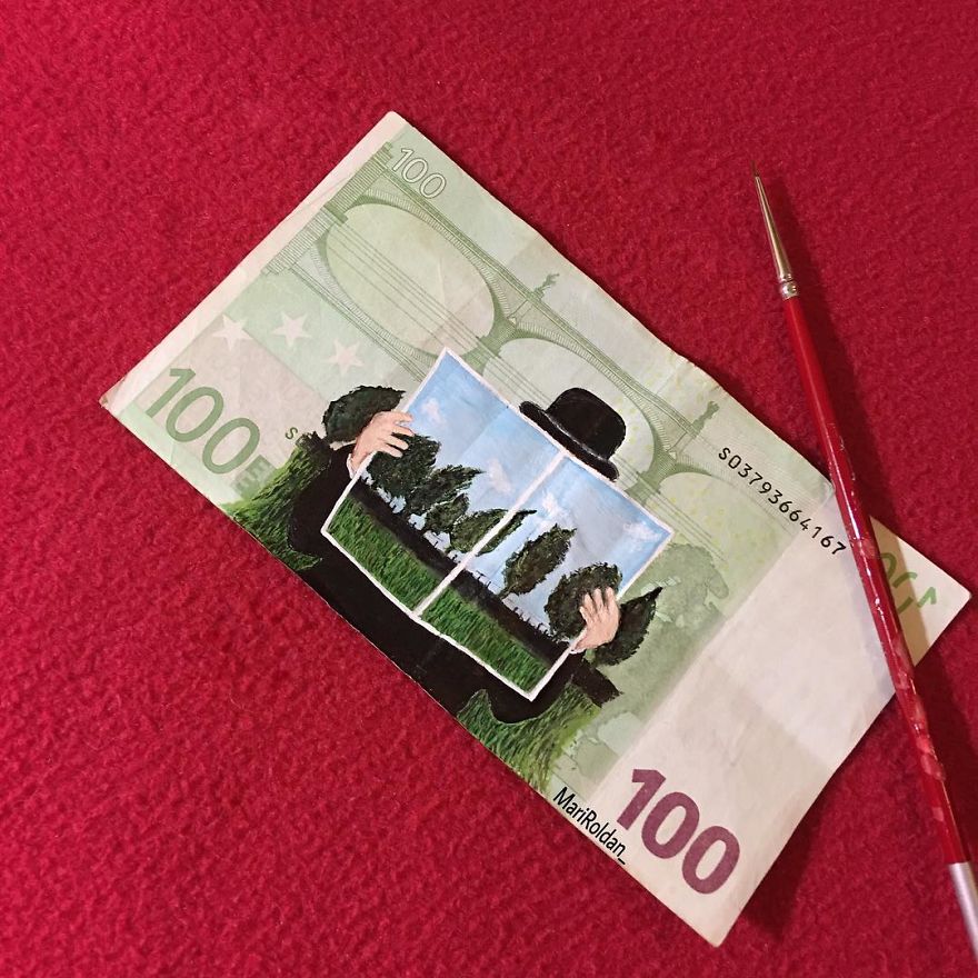 Họa sĩ Tây Ban Nha biến các tờ tiền thành tuyệt tác nghệ thuật và để nó chu du vòng quanh thế giới thay mình Họa sĩ Tây Ban Nha biến các tờ tiền thành tuyệt tác nghệ thuật và để nó chu du vòng quanh thế giới thay mình