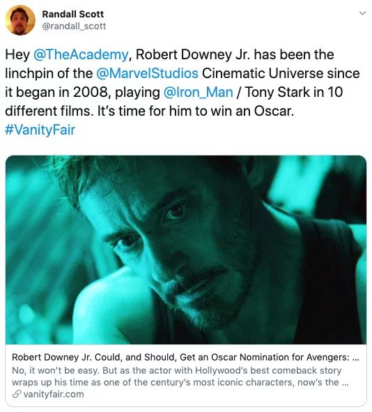 Người hâm mộ hy vọng Robert Downey Jr. có thể nhận tượng vàng Oscar nhờ 'Endgame' Người hâm mộ hy vọng Robert Downey Jr. có thể nhận tượng vàng Oscar nhờ 'Endgame'