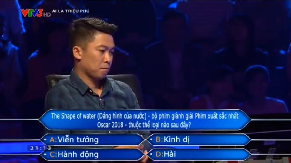 Câu hỏi 'Ai là triệu phú' tưởng không khó mà khó không tưởng: Bộ phim 'The Shape of Water' thuộc thể loại nào? Câu hỏi 'Ai là triệu phú' tưởng không khó mà khó không tưởng: Bộ phim 'The Shape of Water' thuộc thể loại nào?