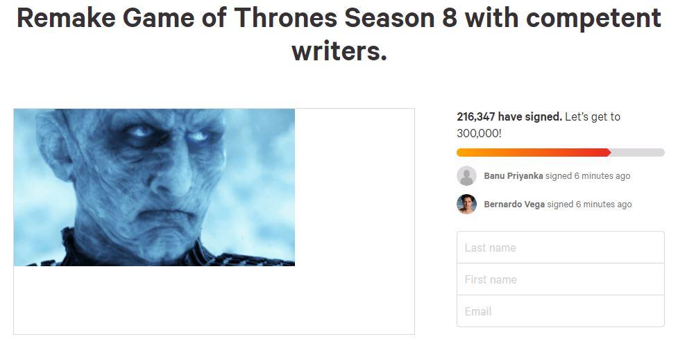Hàng trăm nghìn fan 'Game of Thrones' ký tên yêu cầu HBO viết lại kịch bản mùa 8 Hàng trăm nghìn fan 'Game of Thrones' ký tên yêu cầu HBO viết lại kịch bản mùa 8