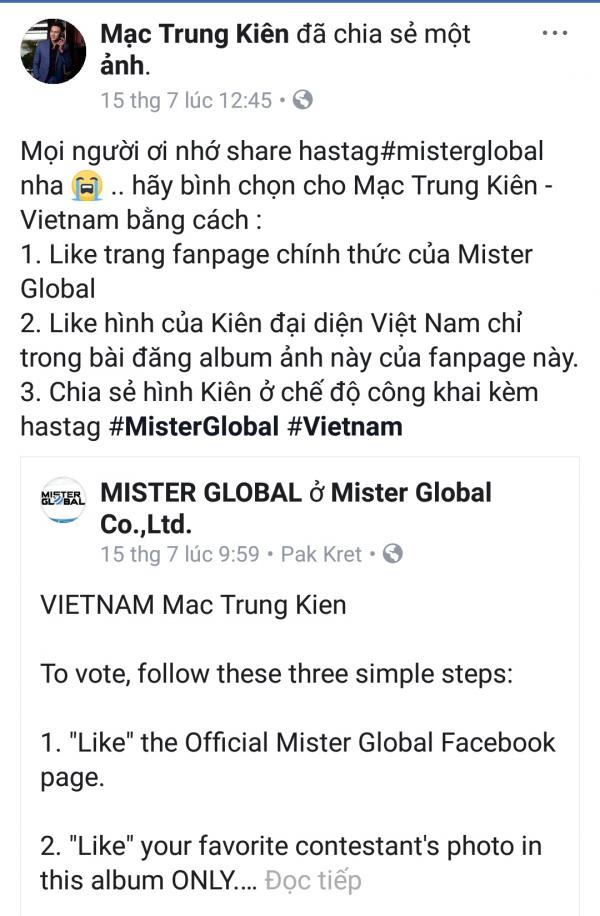Đại diện Việt Nam kêu gọi đồng hương bình chọn cho mình tại Mister Global 2018 Đại diện Việt Nam kêu gọi đồng hương bình chọn cho mình tại Mister Global 2018