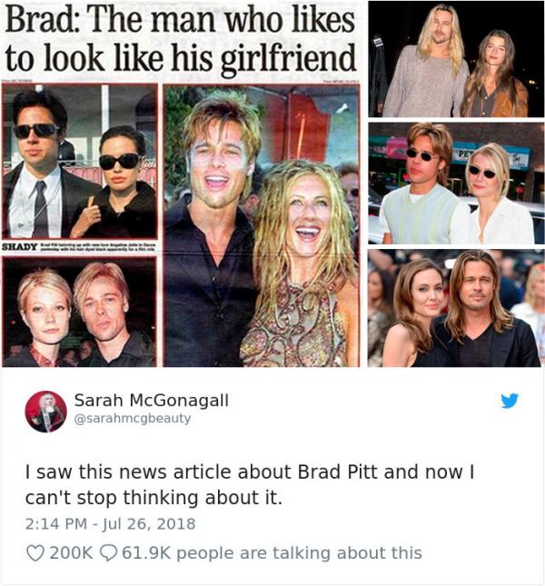 Phát hiện kì quái nhất trong lịch sử Hollywood: Brad Pitt cứ yêu ai là trông giống hệt người tình Phát hiện kì quái nhất trong lịch sử Hollywood: Brad Pitt cứ yêu ai là trông giống hệt người tình
