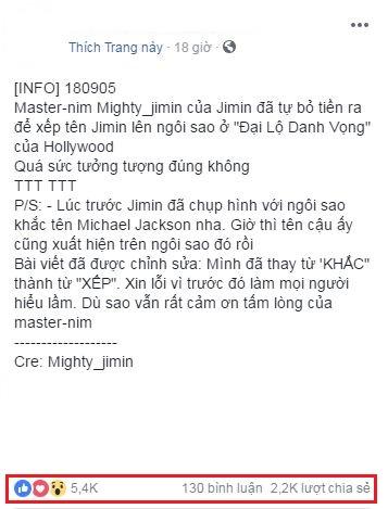 Sự thật đằng sau tin đồn gây tranh cãi về việc fan bỏ 30.000 USD để Jimin có ngôi sao trên Đại Lộ Danh Vọng Hollywood Sự thật đằng sau tin đồn gây tranh cãi về việc fan bỏ 30.000 USD để Jimin có ngôi sao trên Đại Lộ Danh Vọng Hollywood