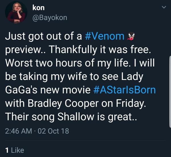 Fan Lady Gaga tạo nick ảo kêu gọi khán giả tẩy chay phim 'Venom' để ủng hộ 'A Star Is Born' Fan Lady Gaga tạo nick ảo kêu gọi khán giả tẩy chay phim 'Venom' để ủng hộ 'A Star Is Born'