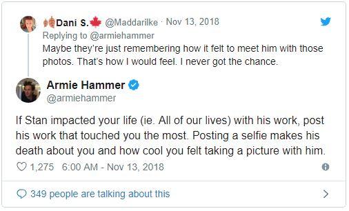 Nghệ sĩ up ảnh selfie với Stan Lee để chia buồn, Armie Hammer nói 'làm màu' Nghệ sĩ up ảnh selfie với Stan Lee để chia buồn, Armie Hammer nói 'làm màu'