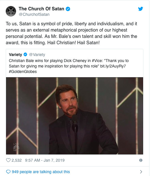 Christian Bale cảm ơn... Chúa quỷ Satan ngay trong bài phát biểu nhận giải ở Quả Cầu Vàng 2019 Christian Bale cảm ơn... Chúa quỷ Satan ngay trong bài phát biểu nhận giải ở Quả Cầu Vàng 2019