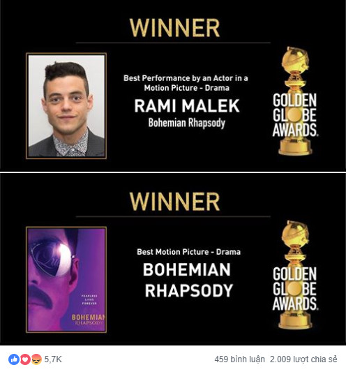 Quả Cầu Vàng 2019: Bohemian Rhapsody chiến thắng bất ngờ, fan của các phim khác ầm ầm phản đối Quả Cầu Vàng 2019: Bohemian Rhapsody chiến thắng bất ngờ, fan của các phim khác ầm ầm phản đối