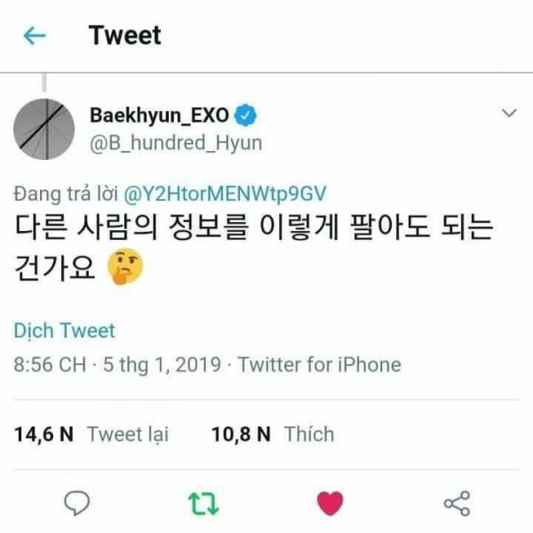 Baekhyun đáp trả cực gắt khi bắt quả tang fan cuồng bán thông tin của EXO trên Twitter Baekhyun đáp trả cực gắt khi bắt quả tang fan cuồng bán thông tin của EXO trên Twitter