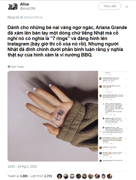 Khoe hình xăm tiếng Nhật mới 'so deep', Ariana Grande phải xóa lẹ khi biết ý nghĩa nhảm nhí của nó Khoe hình xăm tiếng Nhật mới 'so deep', Ariana Grande phải xóa lẹ khi biết ý nghĩa nhảm nhí của nó