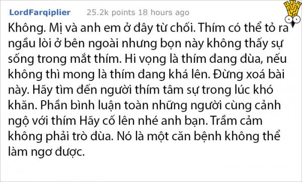 Chàng trai trầm cảm đăng hình lên Reddit để bị chế giễu nhưng lại nhận được kết quả bất ngờ Chàng trai trầm cảm đăng hình lên Reddit để bị chế giễu nhưng lại nhận được kết quả bất ngờ