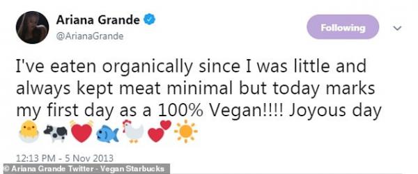 Ariana Grande chọc giận fan khi tự nhận '100% ăn chay' nhưng vẫn dùng đồ uống bơ sữa của Starbucks Ariana Grande chọc giận fan khi tự nhận '100% ăn chay' nhưng vẫn dùng đồ uống bơ sữa của Starbucks