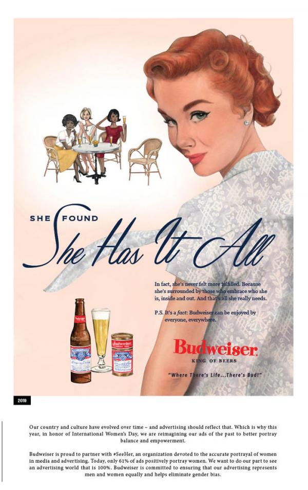 Bia Budweiser vẽ lại những hình quảng cáo phân biệt giới từ hồi thập niên 50 - 60 Bia Budweiser vẽ lại những hình quảng cáo phân biệt giới từ hồi thập niên 50 - 60
