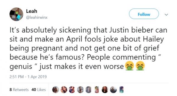 Justin Bieber bị chỉ trích vì lấy chuyện vợ mang thai ra để làm trò đùa vào ngày Cá tháng Tư Justin Bieber bị chỉ trích vì lấy chuyện vợ mang thai ra để làm trò đùa vào ngày Cá tháng Tư