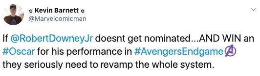 Người hâm mộ hy vọng Robert Downey Jr. có thể nhận tượng vàng Oscar nhờ 'Endgame' Người hâm mộ hy vọng Robert Downey Jr. có thể nhận tượng vàng Oscar nhờ 'Endgame'