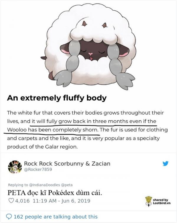 PETA lại bị cười nhạo khi dùng pokémon Wooloo để tuyên truyền ngừng sử dụng lông cừu PETA lại bị cười nhạo khi dùng pokémon Wooloo để tuyên truyền ngừng sử dụng lông cừu