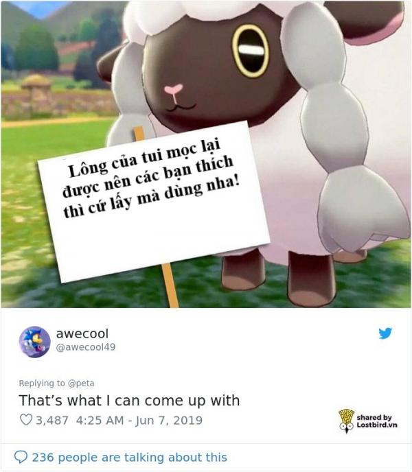 PETA lại bị cười nhạo khi dùng pokémon Wooloo để tuyên truyền ngừng sử dụng lông cừu PETA lại bị cười nhạo khi dùng pokémon Wooloo để tuyên truyền ngừng sử dụng lông cừu