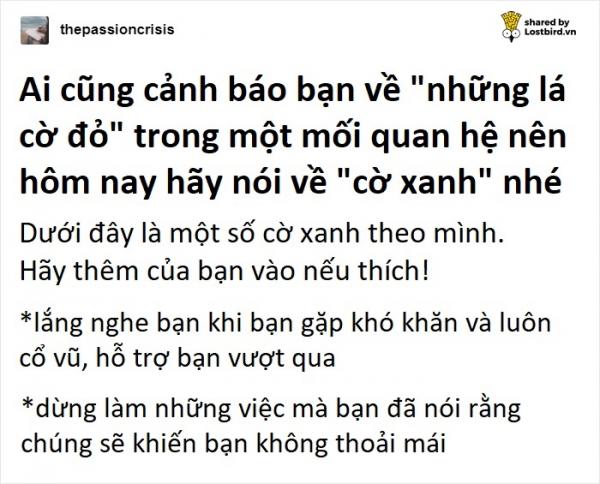 Đâu là dấu hiệu của một mối quan hệ 'healthy' và 'balance': Bạn chọn 'lá cờ đỏ' hay 'lá cờ xanh'? Đâu là dấu hiệu của một mối quan hệ 'healthy' và 'balance': Bạn chọn 'lá cờ đỏ' hay 'lá cờ xanh'?