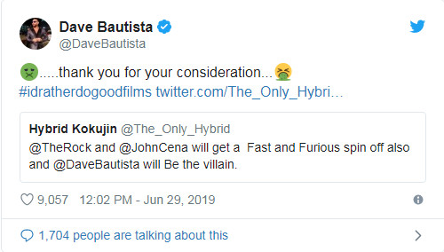 Dave Bautista từ chối đóng Fast and Furious với lí do: 'Tôi chỉ đóng những phim chất lượng' Dave Bautista từ chối đóng Fast and Furious với lí do: 'Tôi chỉ đóng những phim chất lượng'