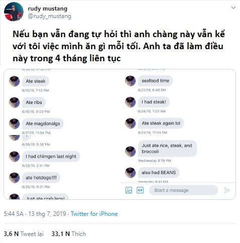 Thanh niên lầy lội suốt 4 tháng nhắn tin cho người lạ chỉ để kể về bữa tối của mình Thanh niên lầy lội suốt 4 tháng nhắn tin cho người lạ chỉ để kể về bữa tối của mình