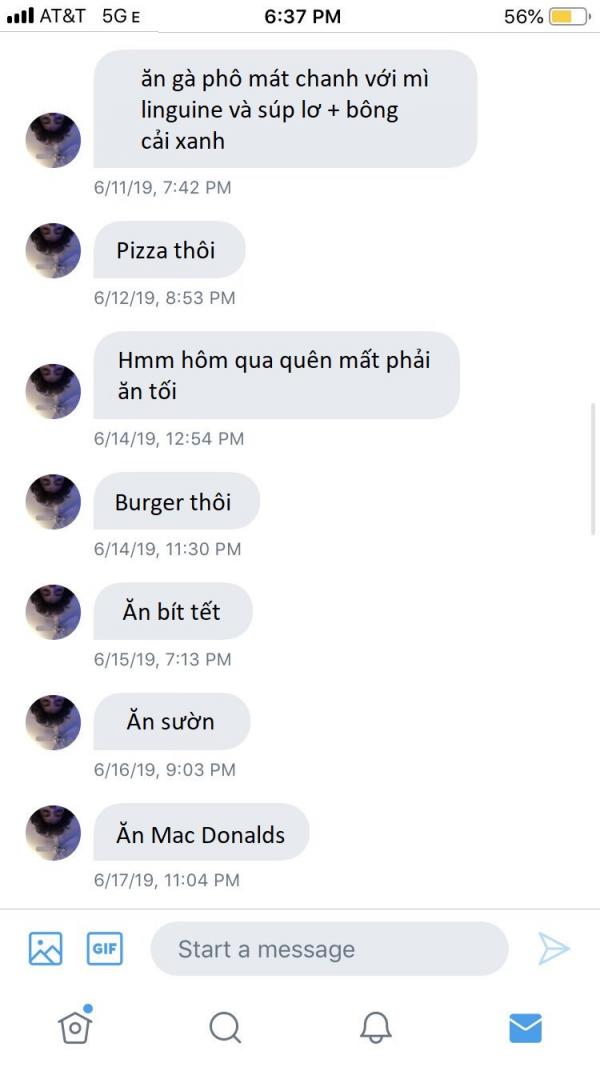 Thanh niên lầy lội suốt 4 tháng nhắn tin cho người lạ chỉ để kể về bữa tối của mình Thanh niên lầy lội suốt 4 tháng nhắn tin cho người lạ chỉ để kể về bữa tối của mình