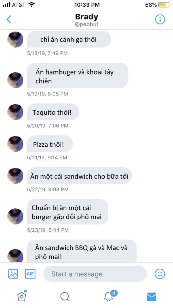 Thanh niên lầy lội suốt 4 tháng nhắn tin cho người lạ chỉ để kể về bữa tối của mình Thanh niên lầy lội suốt 4 tháng nhắn tin cho người lạ chỉ để kể về bữa tối của mình