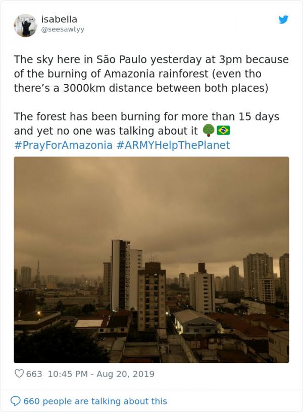 Người dân Brazil chia sẻ hình ảnh thành phố São Paulo bị nhấn chìm trong bóng tối do ảnh hưởng vụ cháy rừng Amazon Người dân Brazil chia sẻ hình ảnh thành phố São Paulo bị nhấn chìm trong bóng tối do ảnh hưởng vụ cháy rừng Amazon