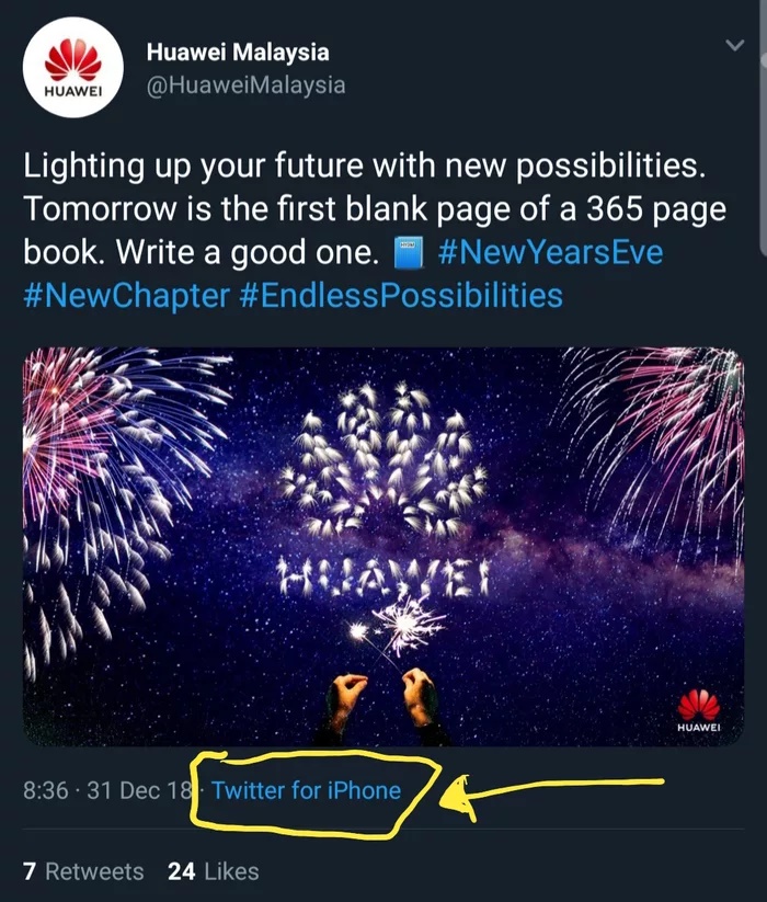 Huawei 'khóc một dòng sông' khi lỡ tay đăng tweet mừng năm mới 2019 bằng... iPhone Huawei 'khóc một dòng sông' khi lỡ tay đăng tweet mừng năm mới 2019 bằng... iPhone