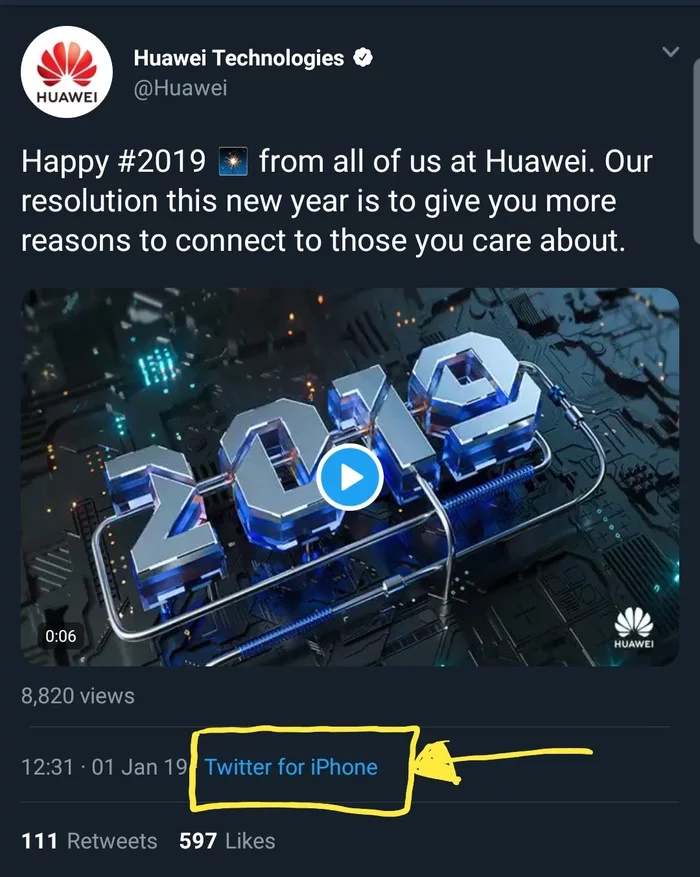 Huawei 'khóc một dòng sông' khi lỡ tay đăng tweet mừng năm mới 2019 bằng... iPhone Huawei 'khóc một dòng sông' khi lỡ tay đăng tweet mừng năm mới 2019 bằng... iPhone